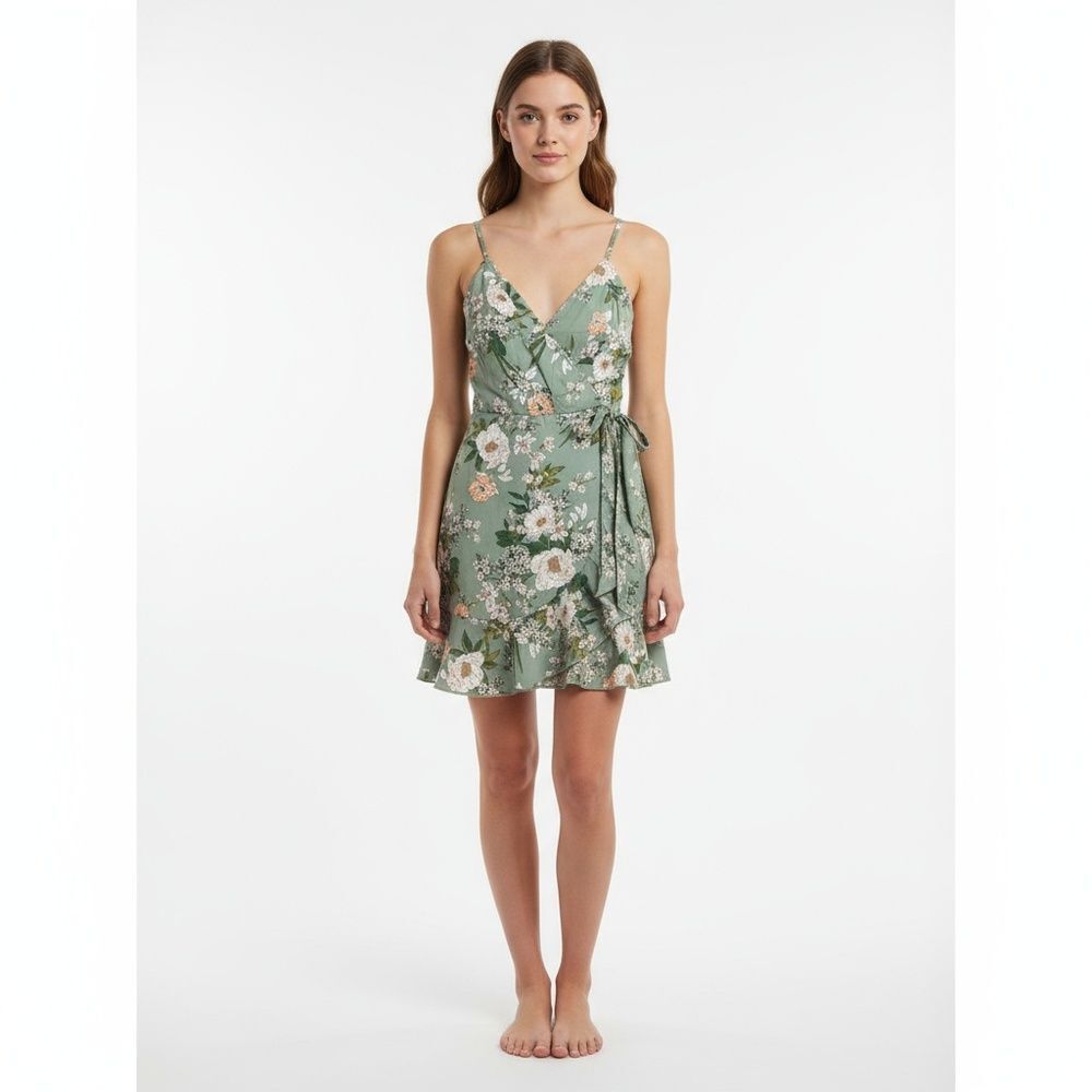 Speechless Mini Wrap Dress Sage Green Floral Ruffle Tie Waist Size Small NWT!